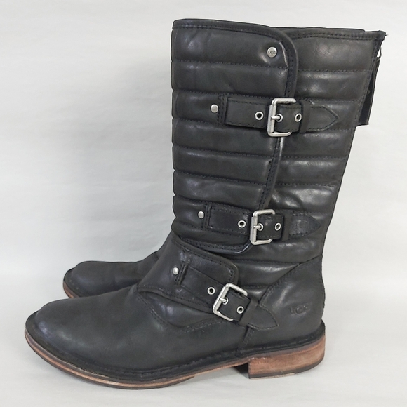 UGG Women Tatum Padded Quilt Buckle Strap Zipup Moto Mid-Calf Boots Size 7 Black - Picture 3 of 13